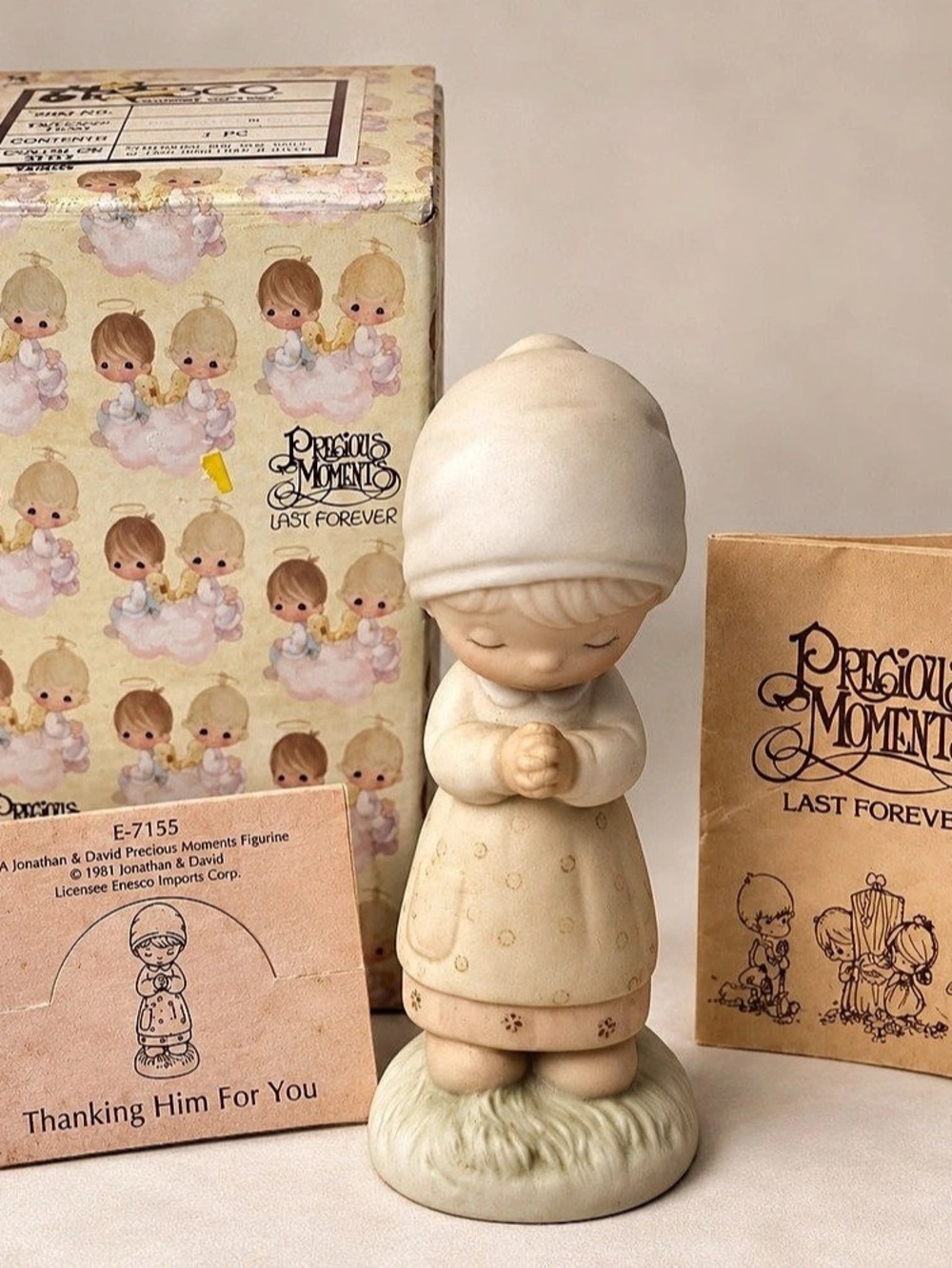 1981 Vintage Retired Precious Moments Thanking Him For You E-7155 Figurine